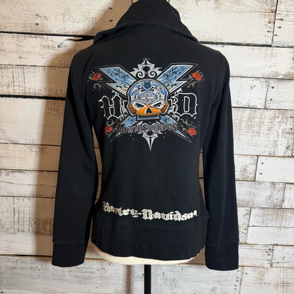 Harley Davidson Women's Jacket Medium M Black Skull Graphic Studs Rhinestones - Picture 1 of 9